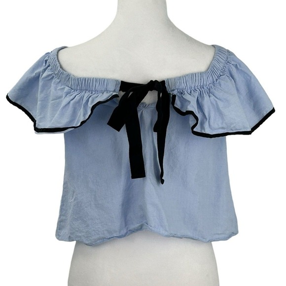 ZARA Poplin Crop Off Or Shoulder Blue Black Trim Black Tie Size Small - Picture 2 of 8